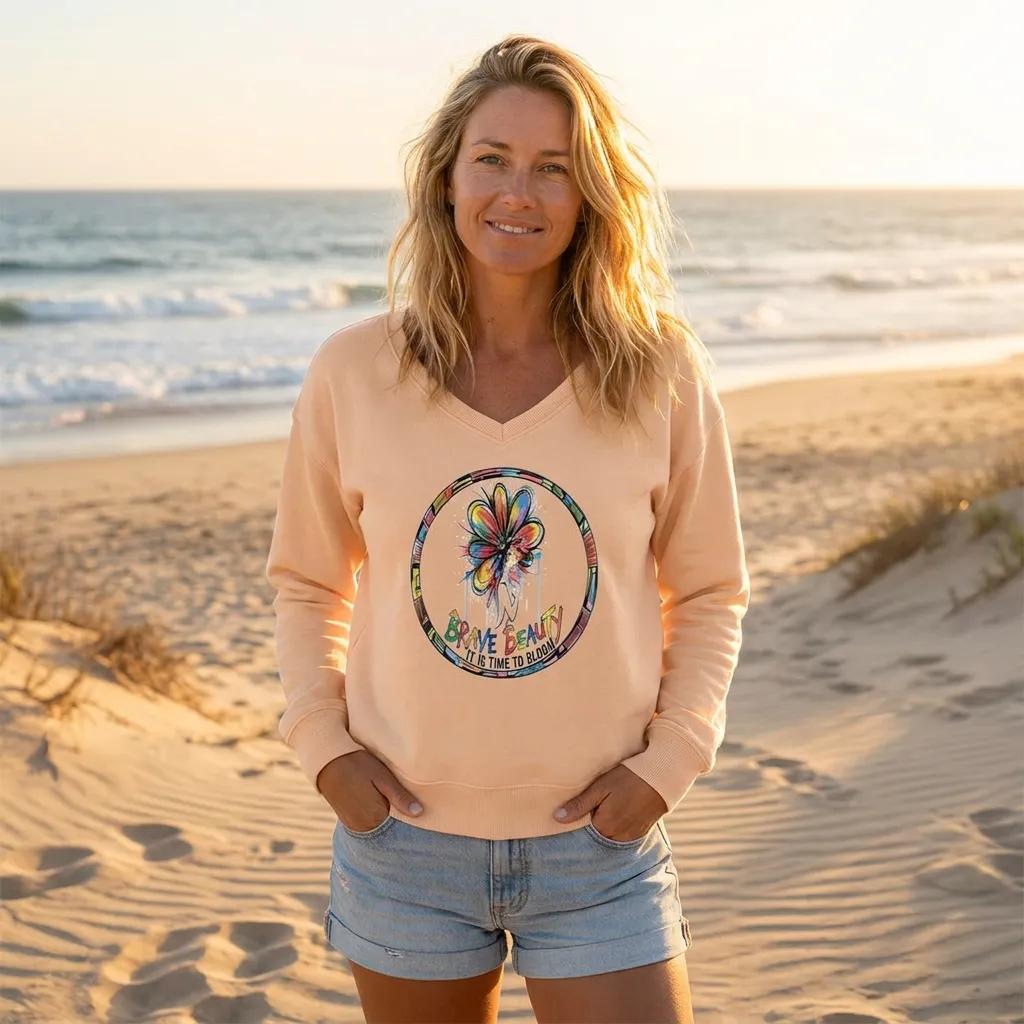 Brave Beauty — Women's Beach Wash V-Neck Sweatshirt | Zeblismapo