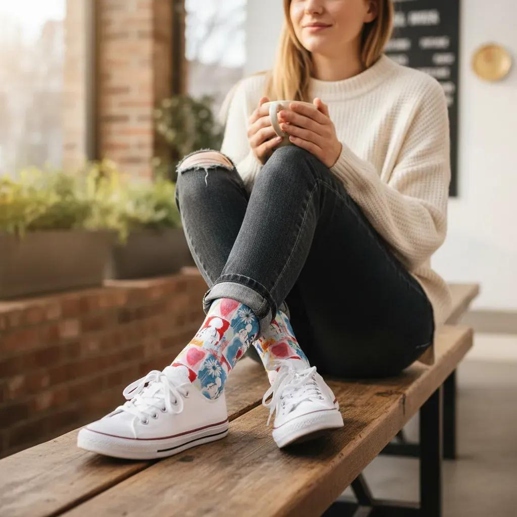 Woman sitting on a wooden bench holding a mug, wearing colorful socks and white sneakers. - Caring_Hands_Fierce_Hearts_healthcare_heroes_women_s_socks_by_Zeblismapo