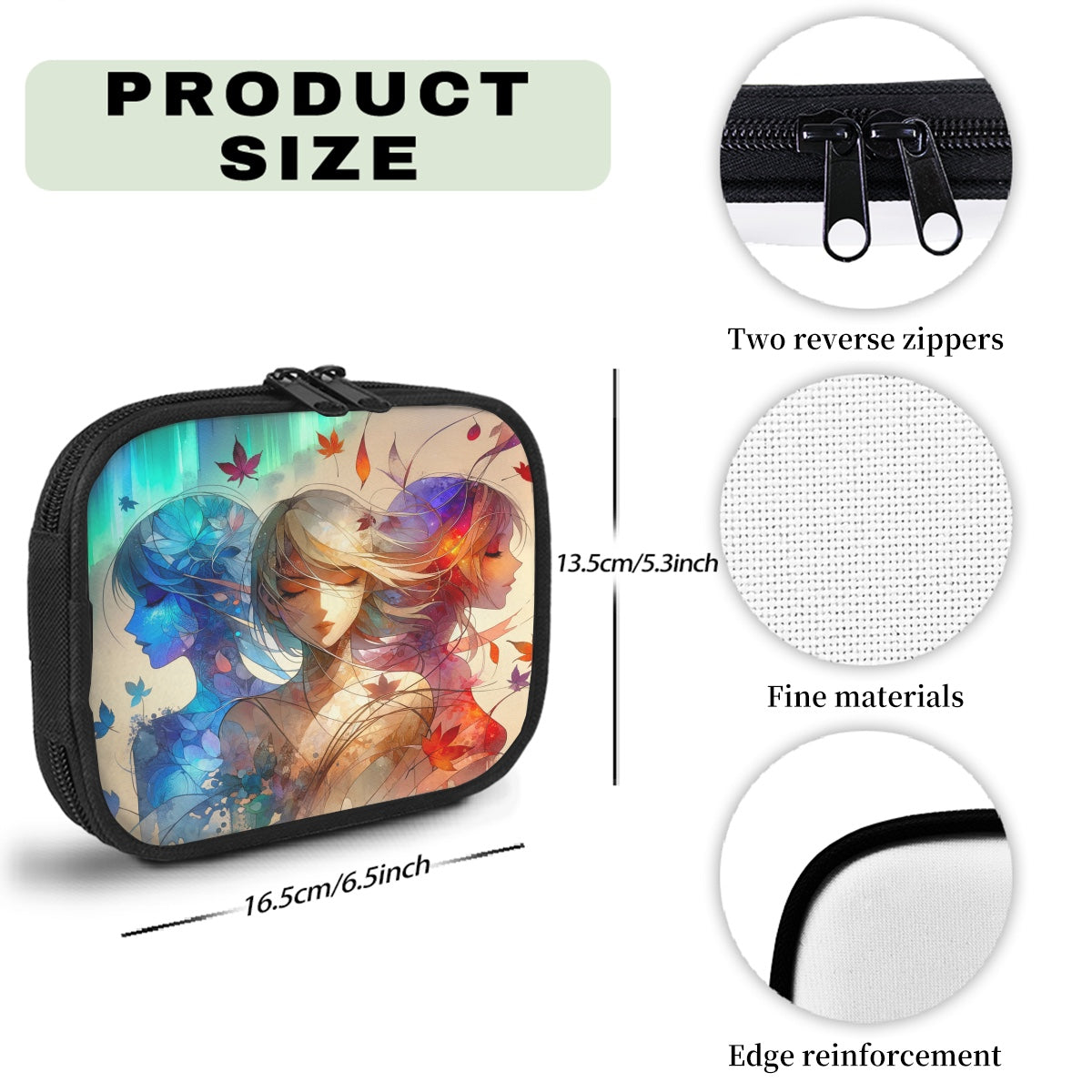 Product size information of a pouch with an anime-style design, featuring two reverse zippers, fine materials, and edge reinforcement.