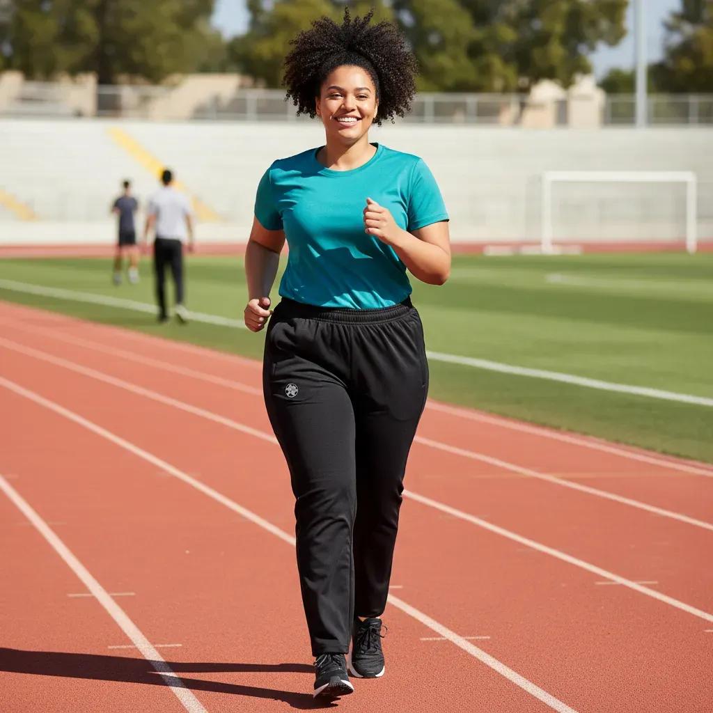 Person running on a track wearing a teal shirt and black pants.