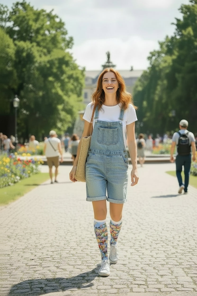 Woman walking in a park wearing denim overalls and colorful socks. Fun baby hippo socks gift idea for women by Zeblismapo