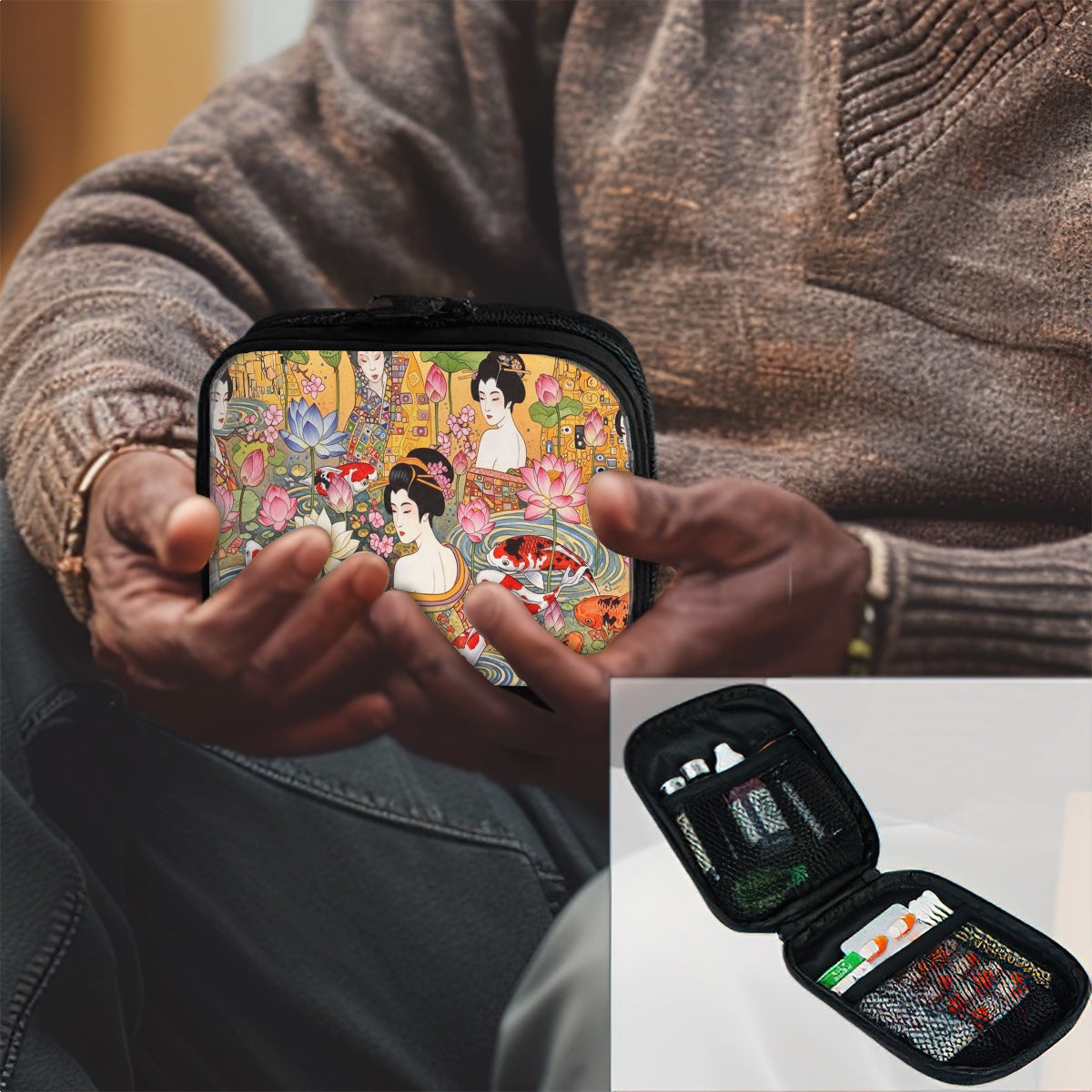 Person holding a small, intricately designed case with another inset showing an open case with compartments.