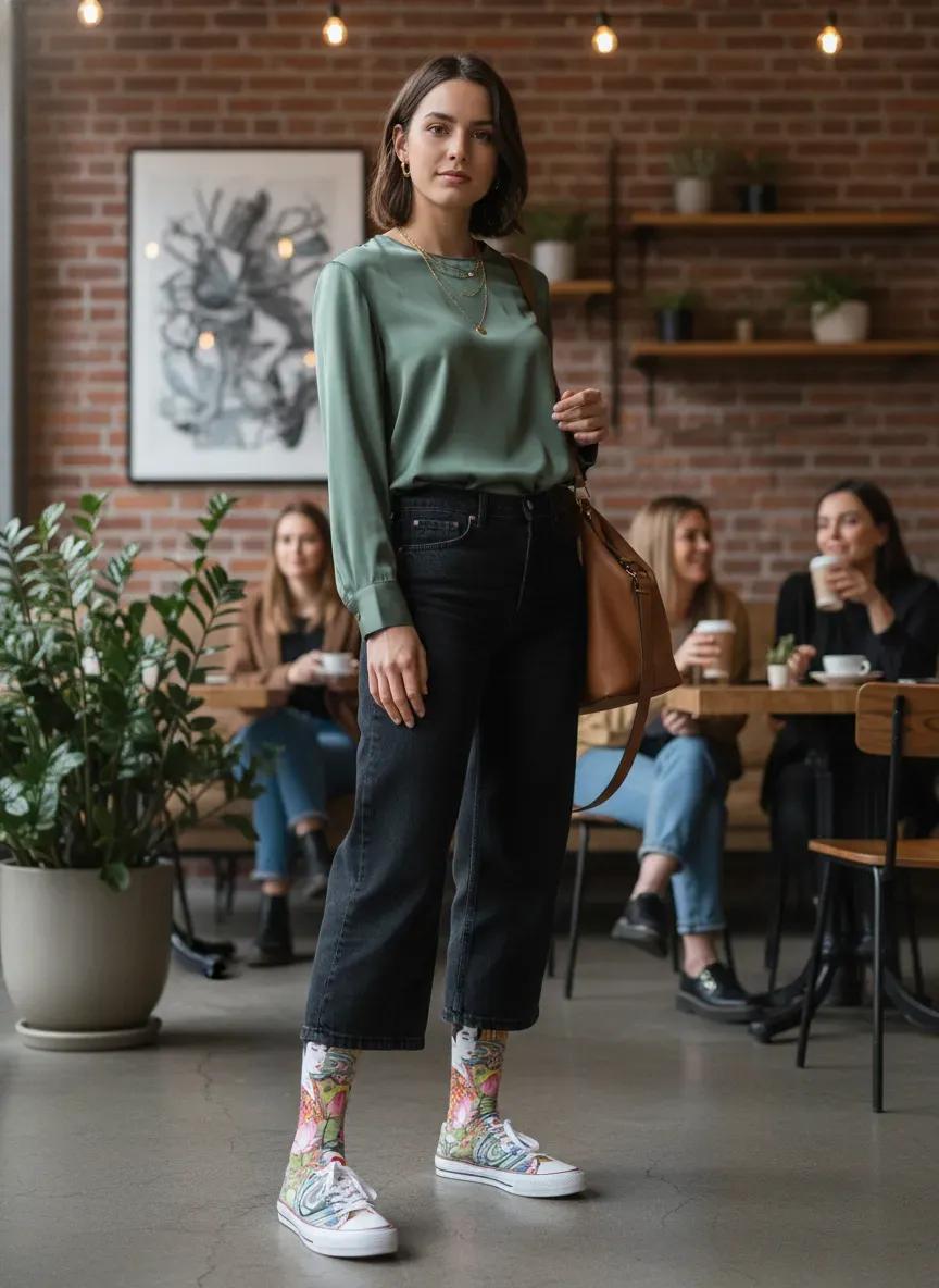 Woman standing in a casual setting with people in the background - Golden koi fish socks gift idea for women by Zeblismapo