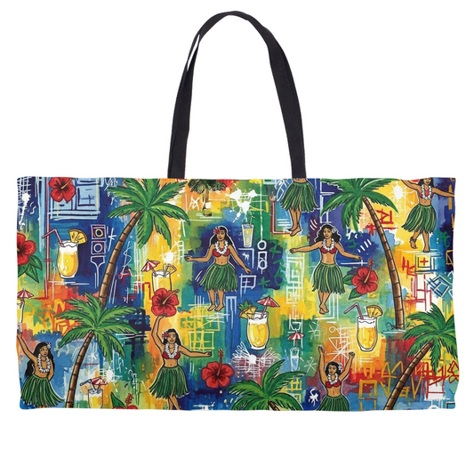 Island Oasis hula dancers palm trees tropical weekender tote bag by Zeblismapo