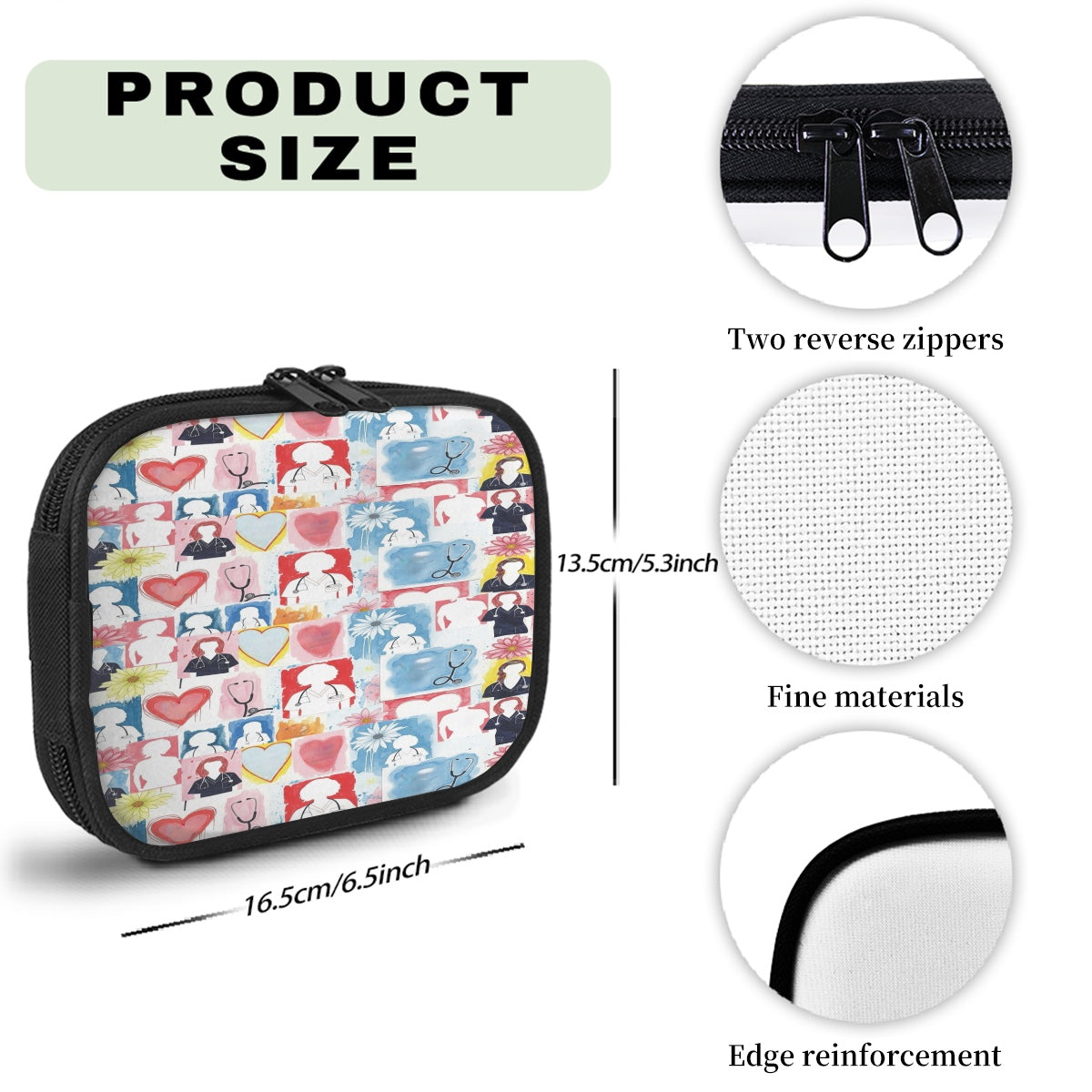 Product size chart with a small pouch featuring cartoon designs, reverse zippers, fine materials, and edge reinforcement.