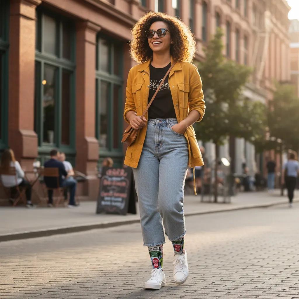 Woman in yellow jacket and blue jeans walking on a city street - Sassy classy women's fun socks gift idea by Zeblismapo