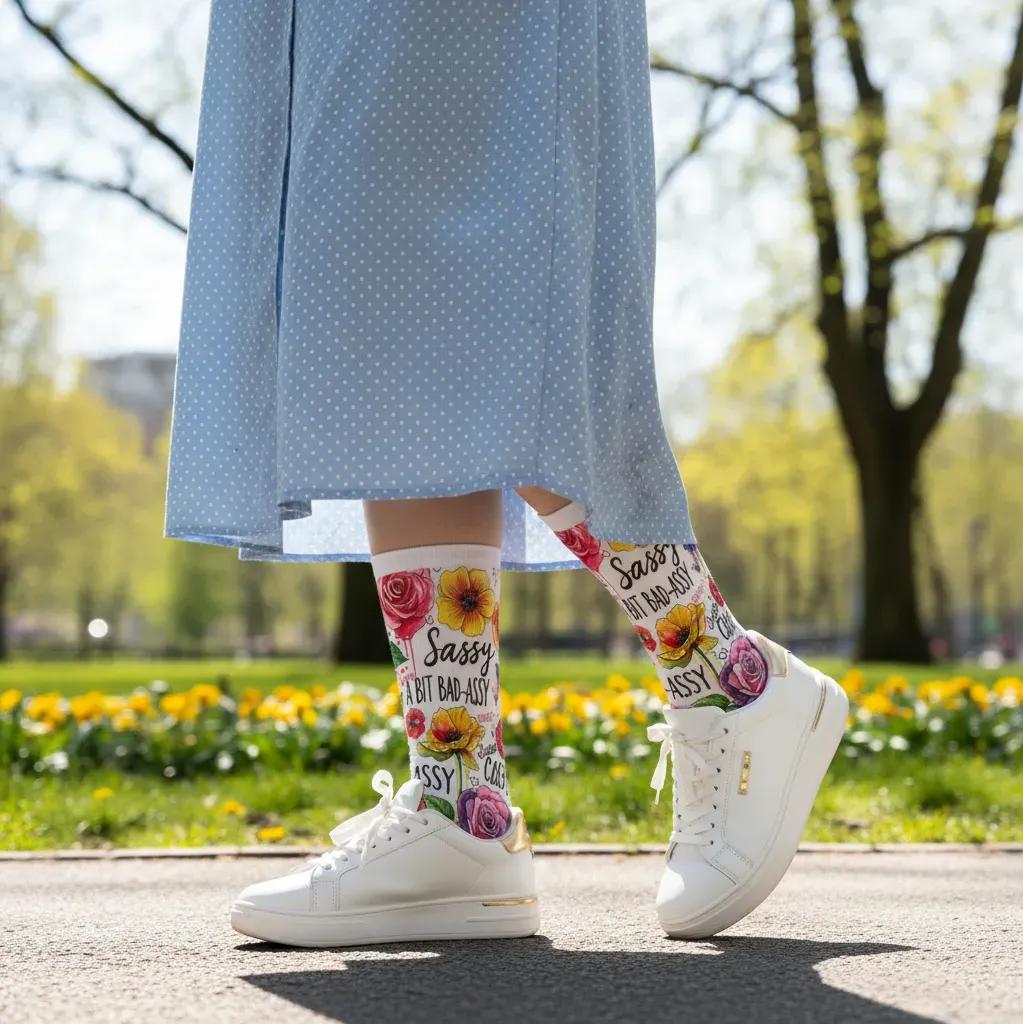 Person wearing floral socks with text in a park setting - Sassy floral socks gift idea for women by Zeblismapo