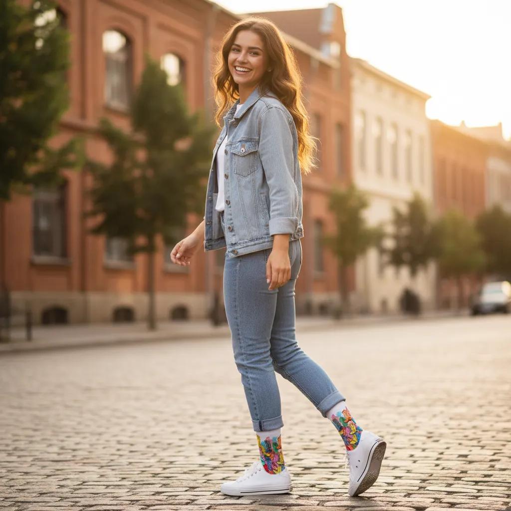 Woman walking on a cobblestone street wearing a denim jacket and colorful socks. - Sweet and Sassy pastel cowboy boots women's socks by Zeblismapo