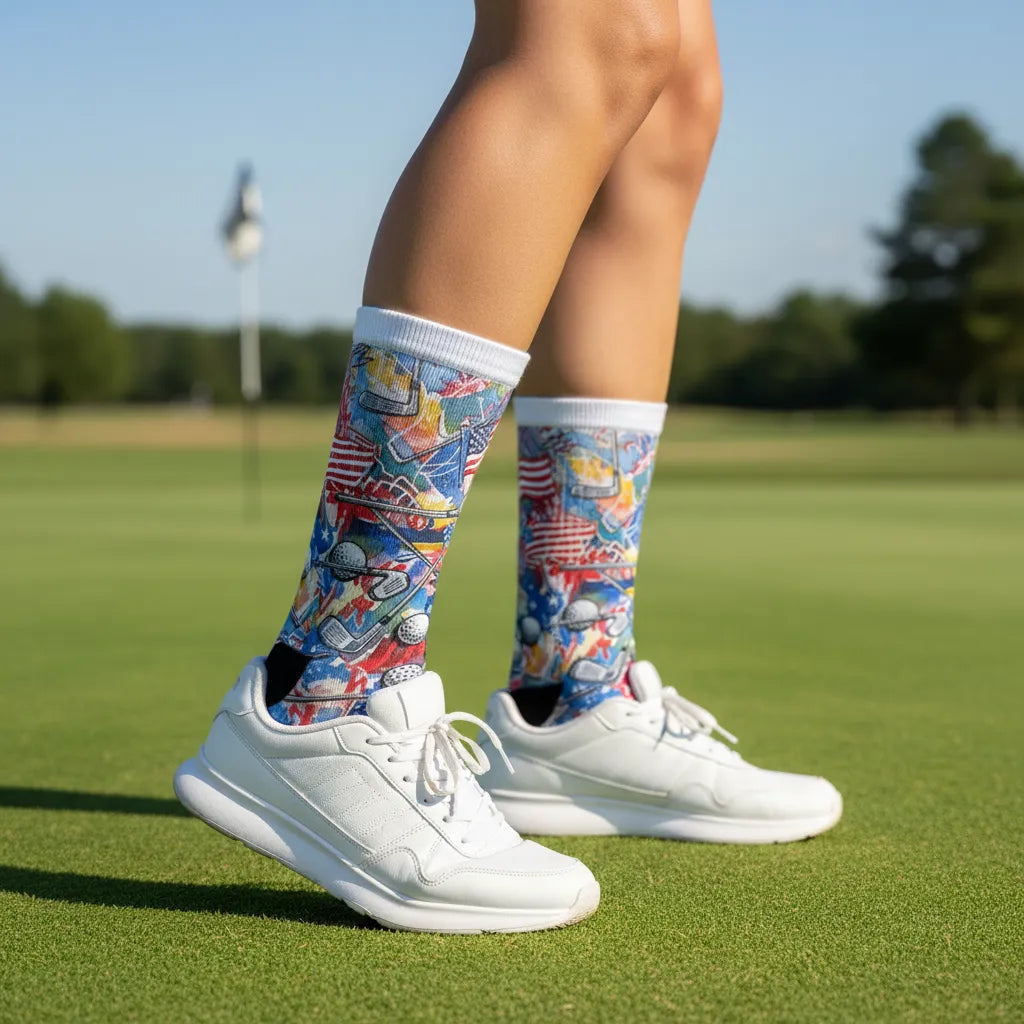 Colorful golf-themed socks worn on a person's legs with a golf course background - American flag golf socks gift for women by Zeblismapo