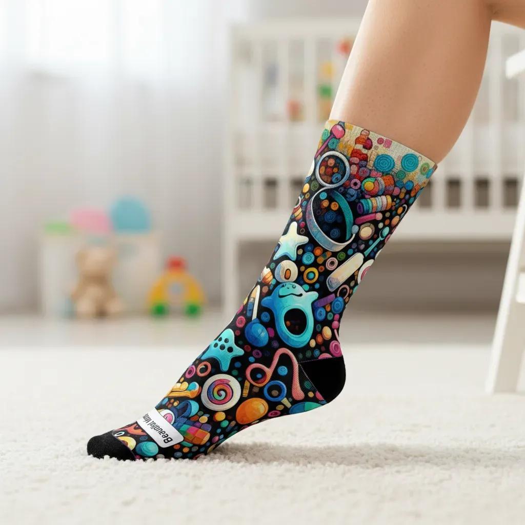 Colorful sock with cartoon character design worn by a person indoors. - Beautiful momma socks Mother's Day gift by Zeblismapo