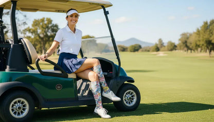 Birdie Call Bash colorful golf party socks for women by Zeblismapo (on golf cart)