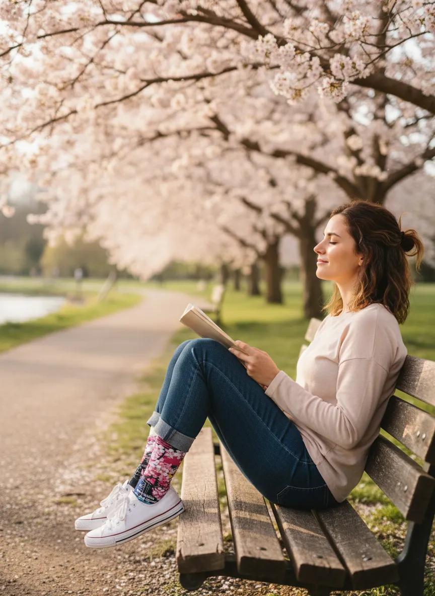Woman reading a book on a bench under cherry blossom trees - Bloom Boldly ready for new beginnings women's socks by Zeblismapo