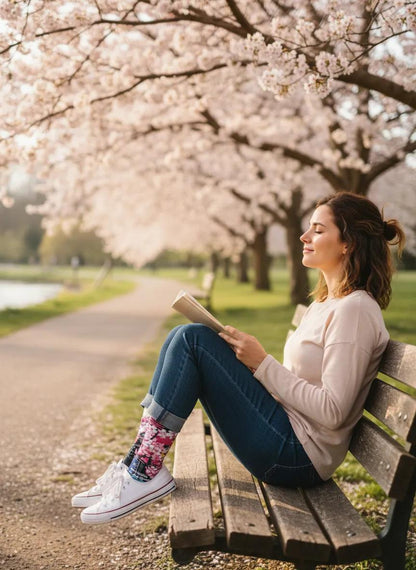 Woman reading a book on a bench under cherry blossom trees - Bloom Boldly ready for new beginnings women's socks by Zeblismapo