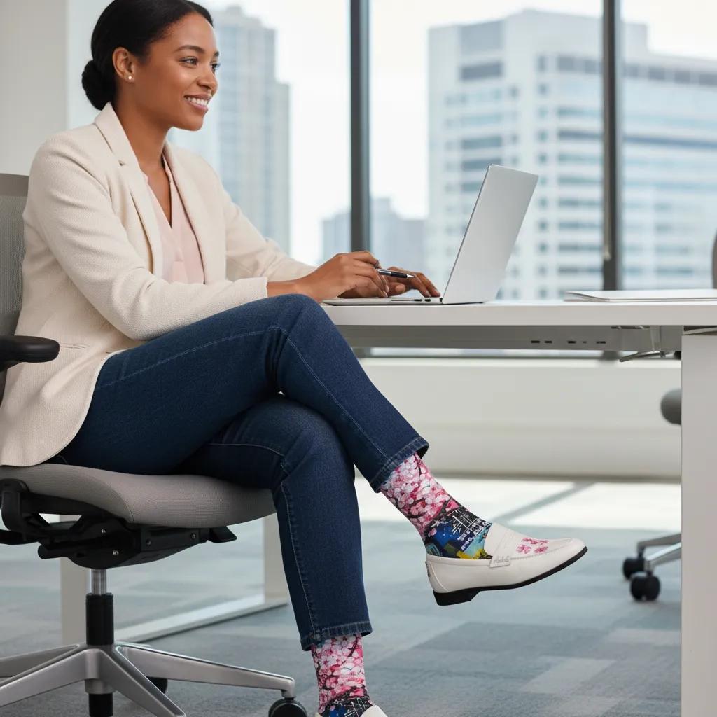 Woman sitting at a desk in an office wearing colorful socks. - Bloom Boldly ready for new beginnings women's socks by Zeblismapo