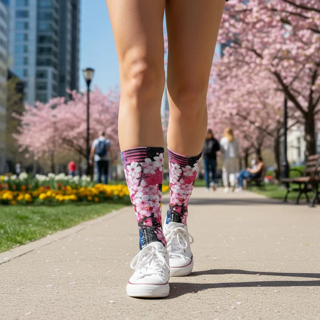 Person wearing colorful socks with a floral pattern in an urban park setting. - Bloom Boldly ready for new beginnings women's socks by Zeblismapo