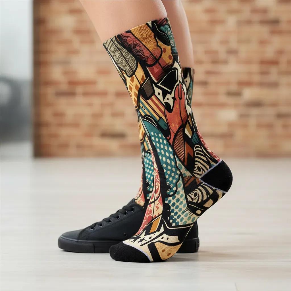 Colorful patterned socks worn with black sneakers on a neutral background - Bold cowboy boot novelty socks for women by Zeblismapo