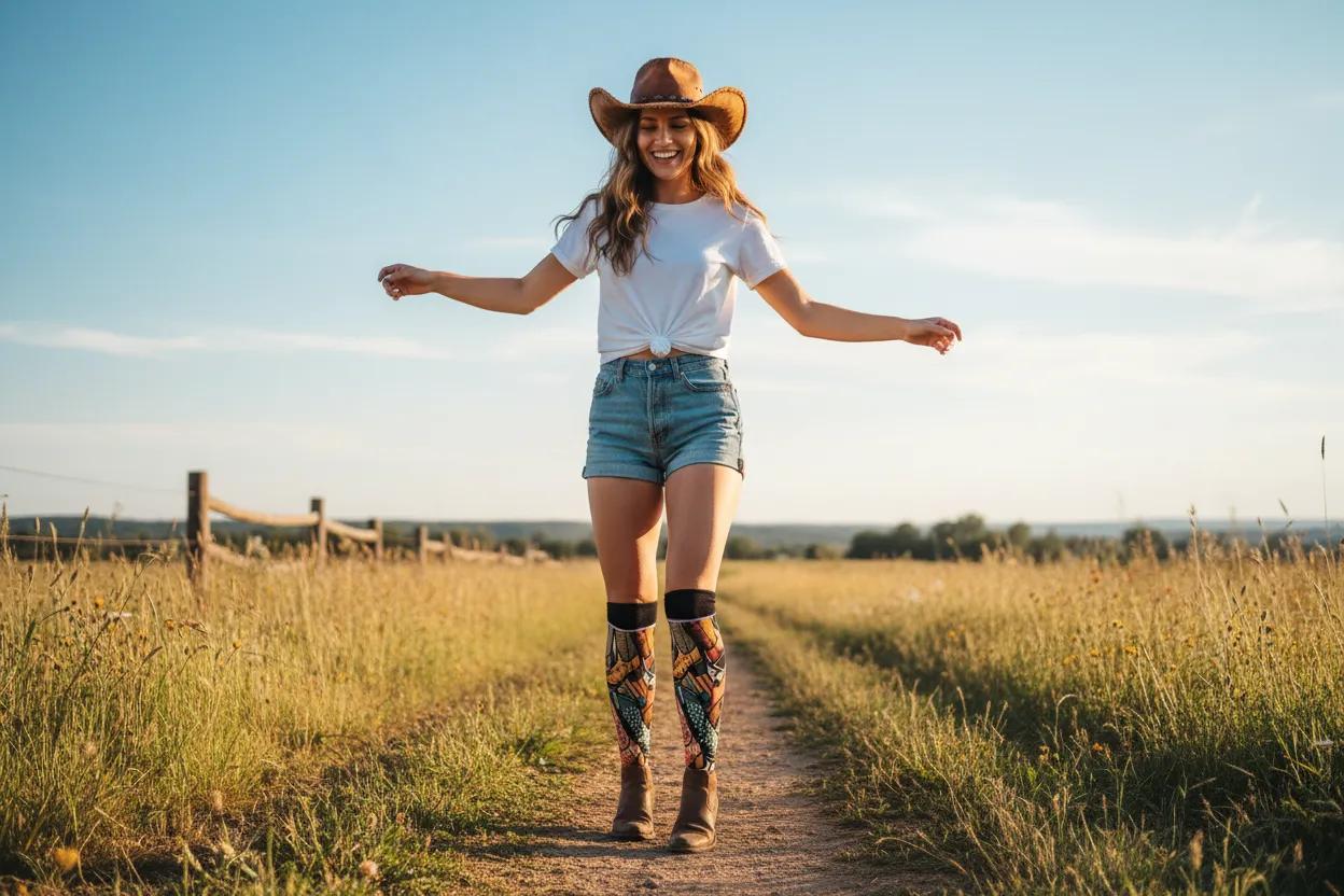 Woman in a cowboy hat and boots standing on a dirt path in a field with a clear blue sky. - Bold cowboy boot novelty socks for women by Zeblismapo