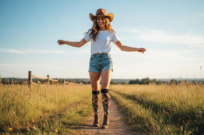 Woman in a cowboy hat and boots standing on a dirt path in a field with a clear blue sky. - Bold cowboy boot novelty socks for women by Zeblismapo