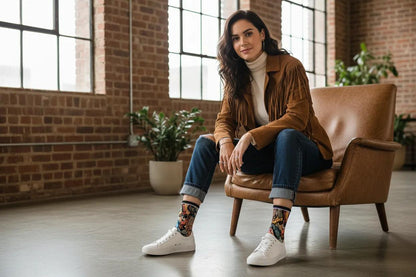 Woman sitting on a brown chair in a room with brick walls and large windows. -Bold cowboy boot novelty socks for women by Zeblismapo