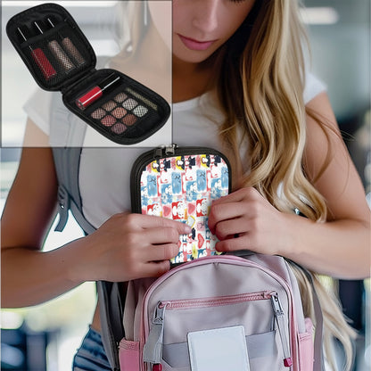 Person opening a colorful backpack with a small case inside.