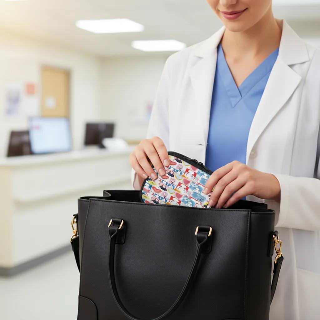 female healthcare professional getting case out of her purse