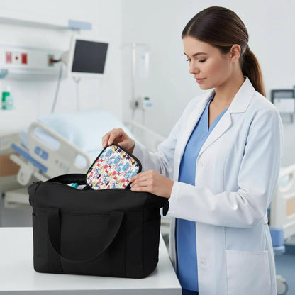 female nurse or doctor getting case out of her black bag