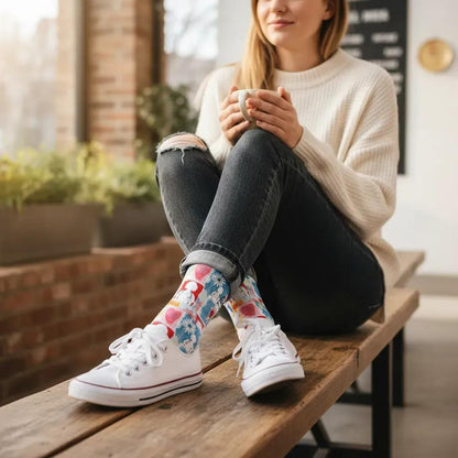 Woman sitting on a wooden bench holding a mug, wearing colorful socks and white sneakers. - Caring_Hands_Fierce_Hearts_healthcare_heroes_women_s_socks_by_Zeblismapo