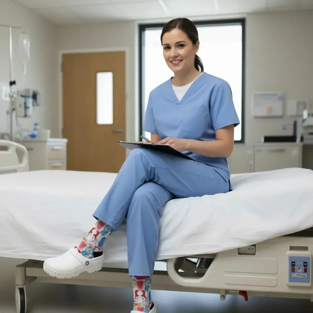 Nurse sitting on a hospital bed holding a tablet in a clinical setting - Caring_Hands_Fierce_Hearts_healthcare_heroes_women_s_socks_by_Zeblismapo_-_healthcare_professional_pride