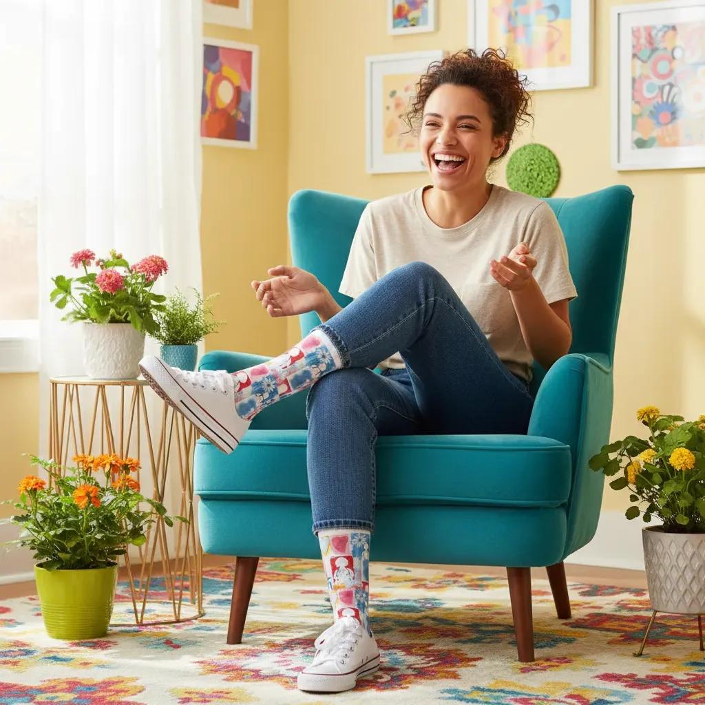 Woman sitting in a blue chair with colorful socks, surrounded by potted plants in a bright room. - Caring_Hands_Fierce_Hearts_healthcare_heroes_women_s_socks_by_Zeblismapo_-_relaxing_at_home