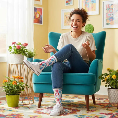 Woman sitting in a blue chair with colorful socks, surrounded by potted plants in a bright room. - Caring_Hands_Fierce_Hearts_healthcare_heroes_women_s_socks_by_Zeblismapo_-_relaxing_at_home