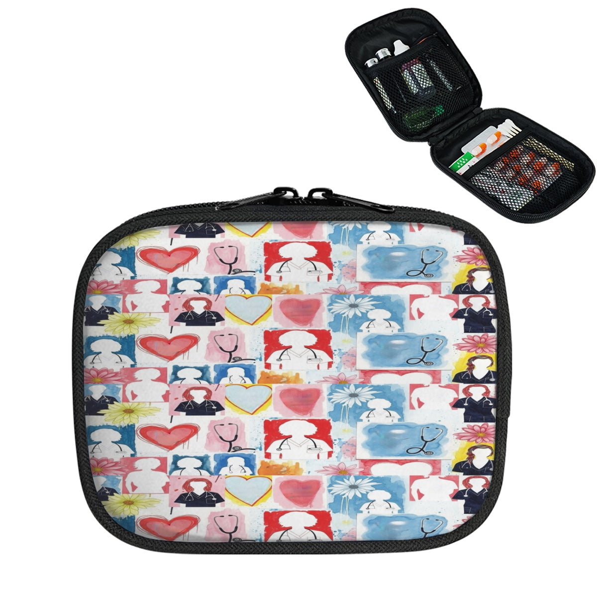 Colorful patterned case with open compartment containing small items on a white background
