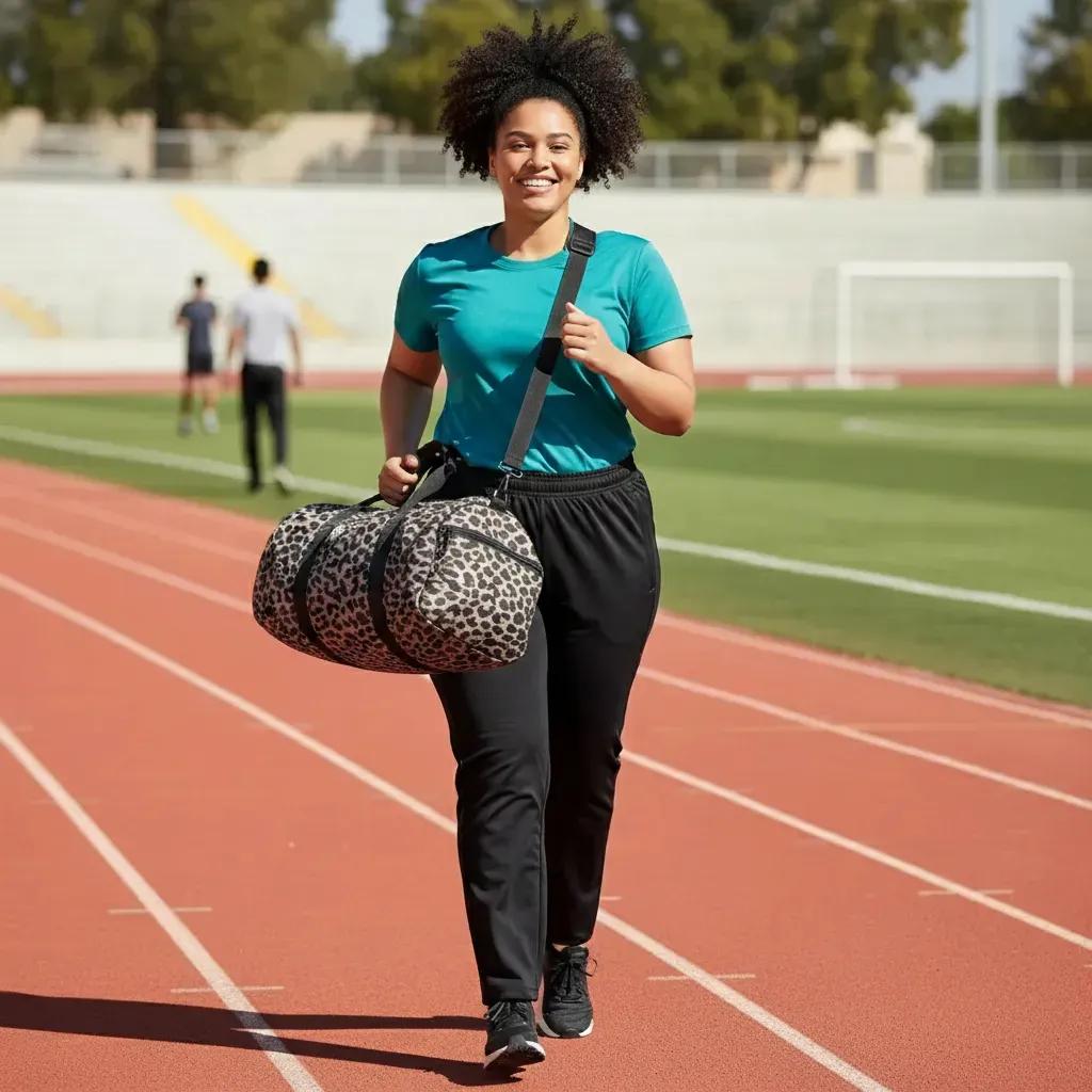 Person walking on a track with a leopard print bag - Cheetah print duffle bag side view Tiger Lily by Zeblismapo