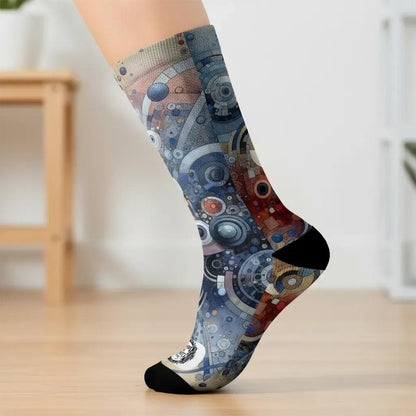 Colorful mechanical patterned sock on a blurred indoor background - Colorful abstract circle novelty socks for women by Zeblismapo