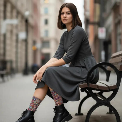 Colorful heart novelty socks for women by Zeblismapo. Chic in Grey Dress on the Street.