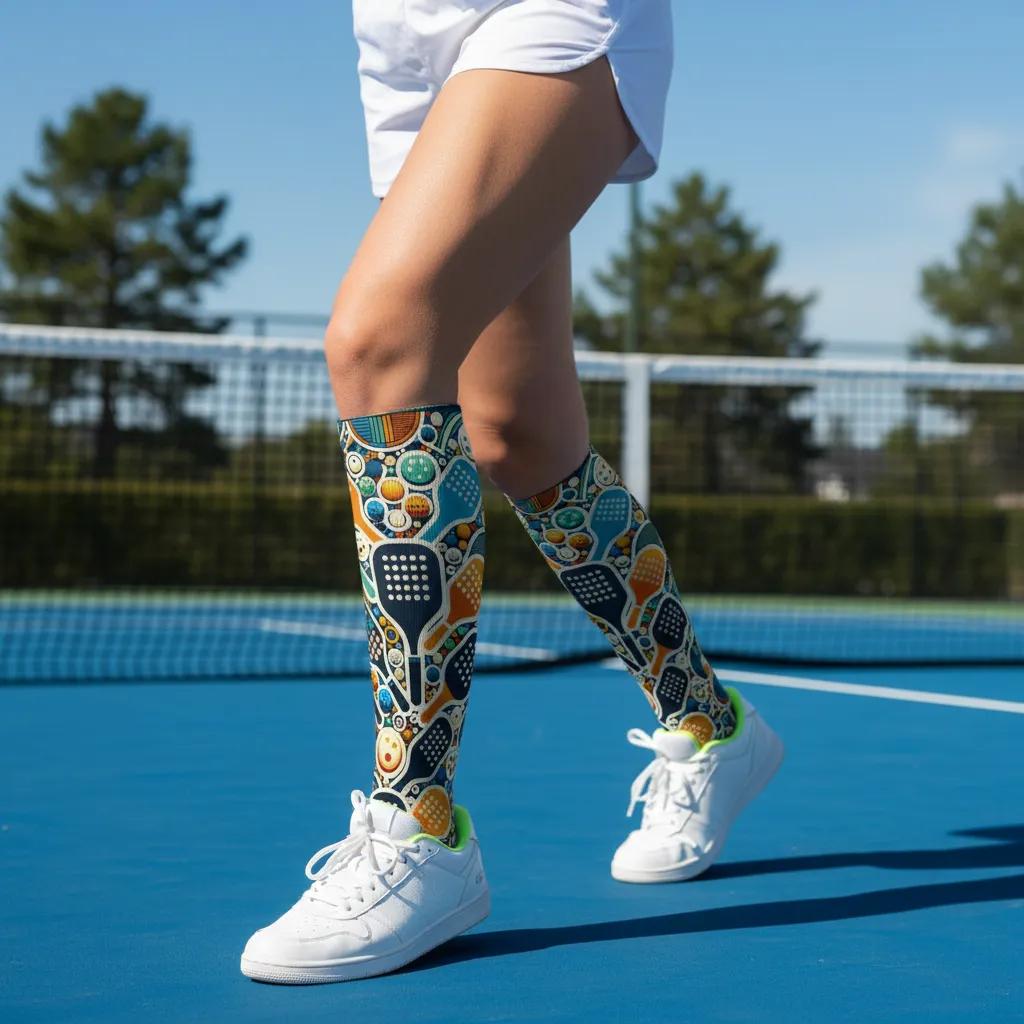 Person wearing colorful tennis-themed knee-high socks on a tennis court - Colorful paddleball novelty socks for women by Zeblismapo
