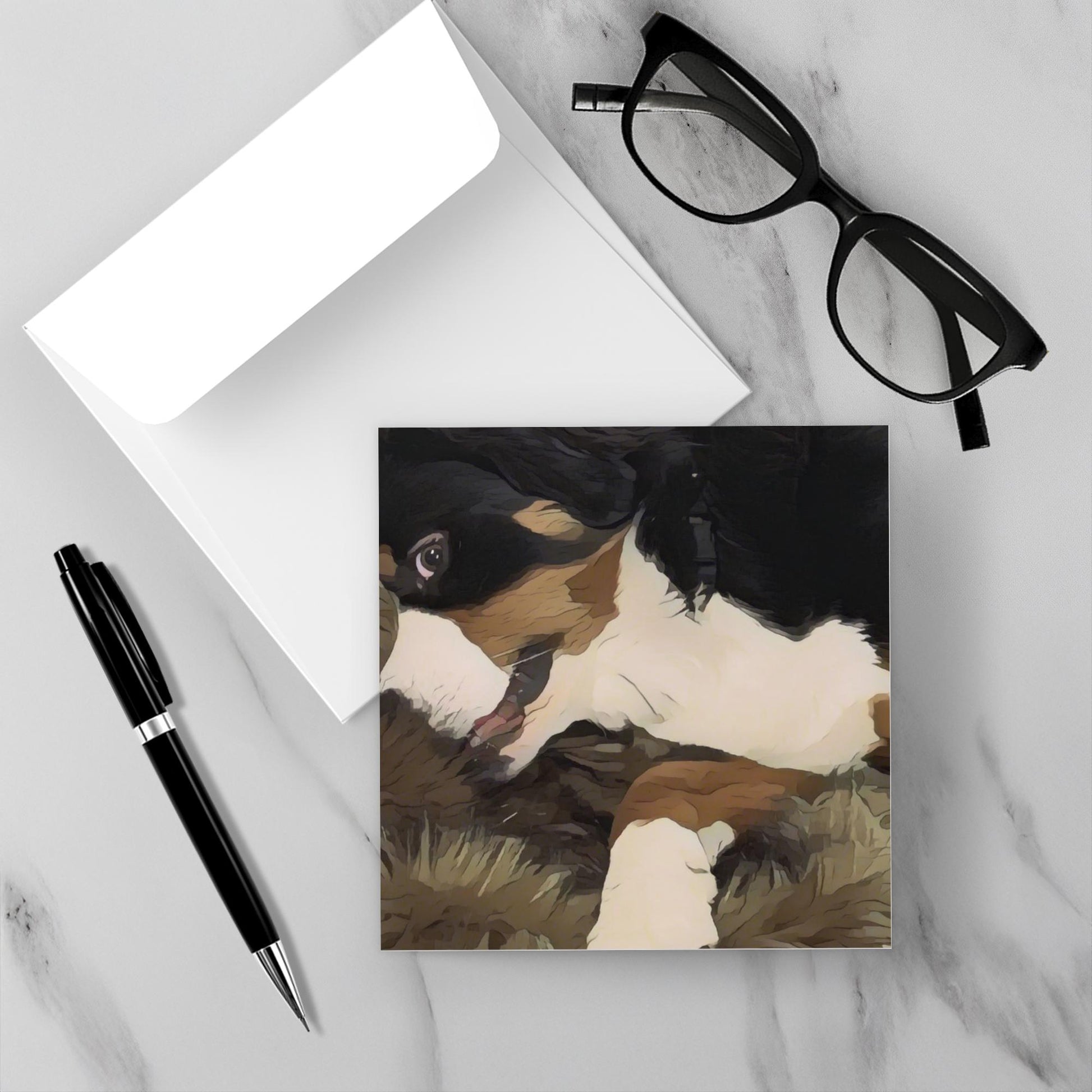 Cozy Smile Bernese Mountain Dog bliss notecard by Zeblismapo