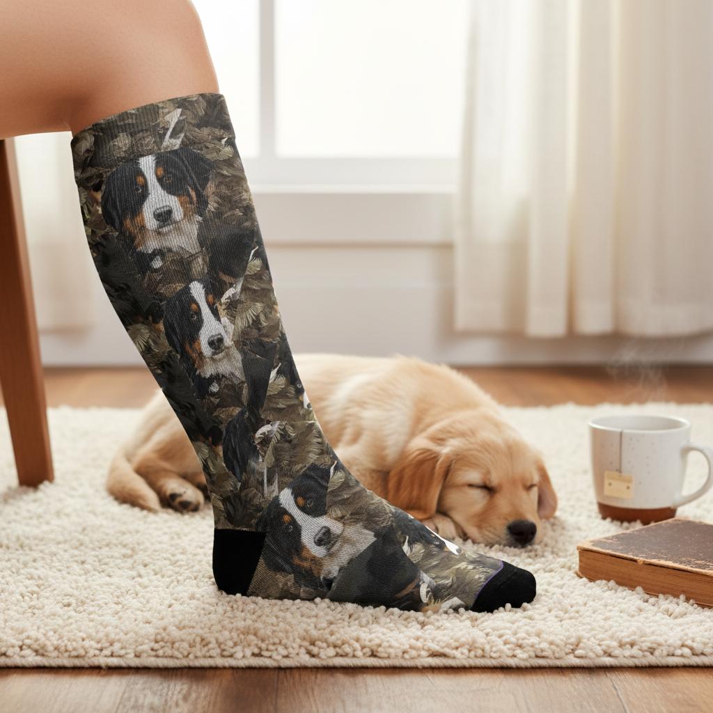 Person wearing knee-high socks with dog pattern in a home setting - Cute Bernese Mountain Dog socks for women by Zeblismapo