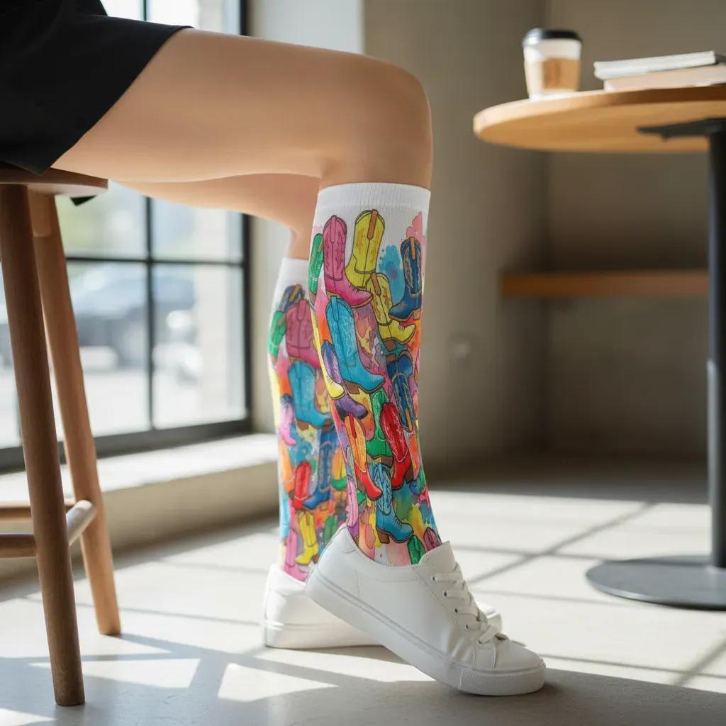Person wearing colorful sock with candy design in a casual setting. - Cute cowboy boot socks gift for women by Zeblismapo