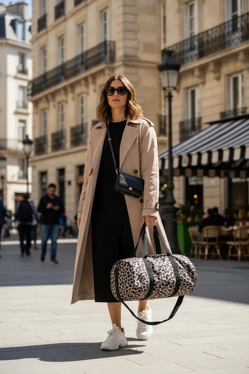 Woman walking on a city street wearing a beige coat and carrying a leopard print bag.