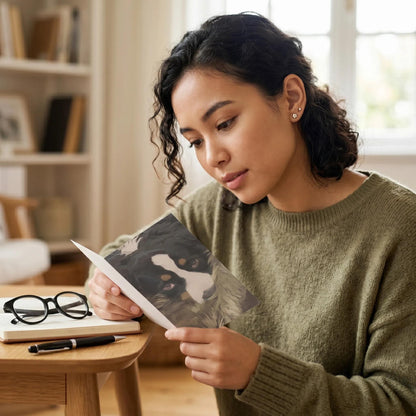 Woman reading a book in a cozy room with a bookshelf in the background