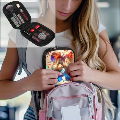 Person opening a colorful makeup case with items inside, wearing a white shirt.