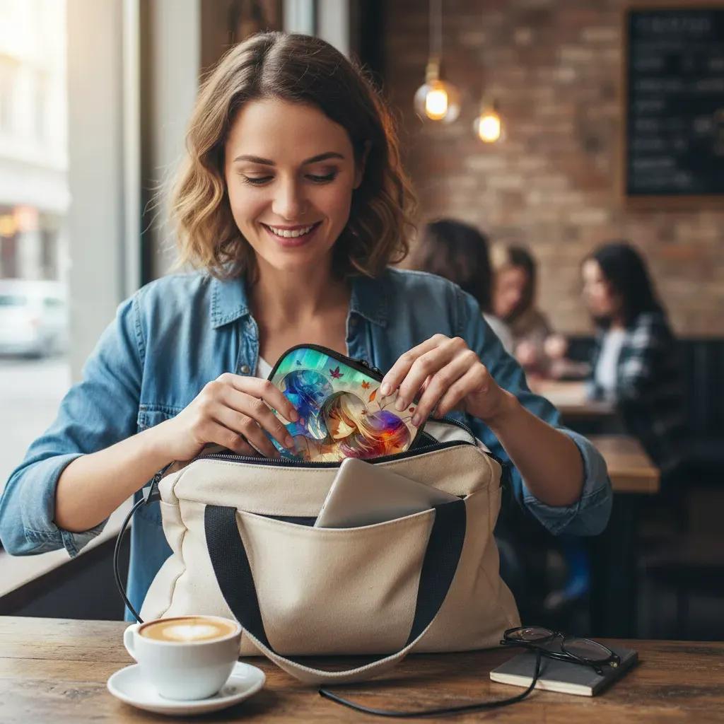 Woman at coffee shop getting travel case