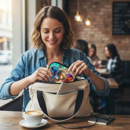 Woman at coffee shop getting travel case