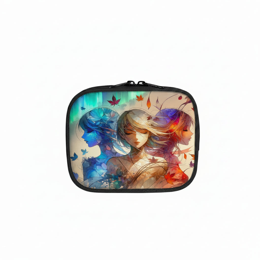 Makeup case with artistic design of two faces and colorful leaves on a white background