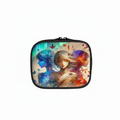 Makeup case with artistic design of two faces and colorful leaves on a white background