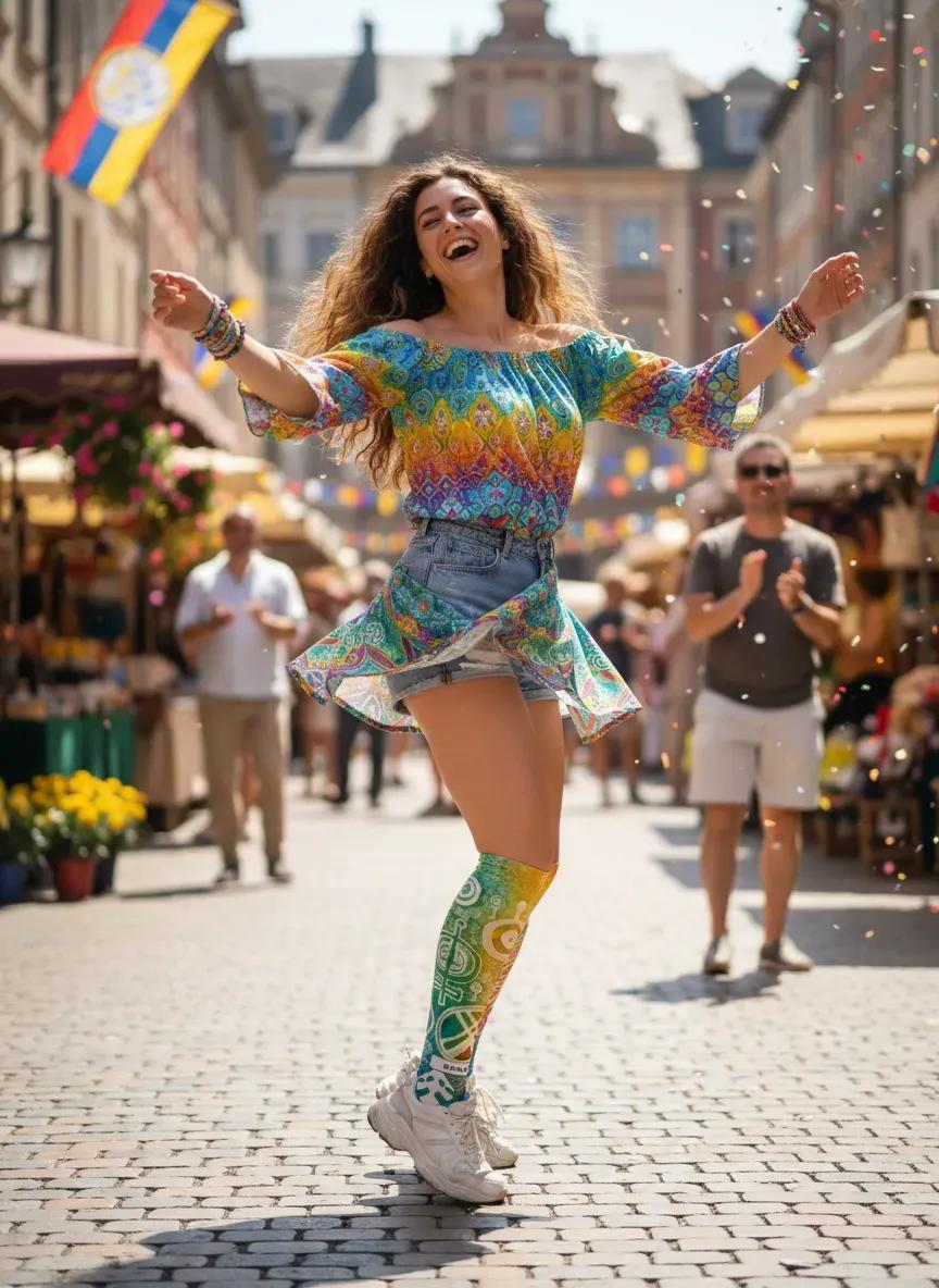 Woman in colorful outfit dancing in a street market