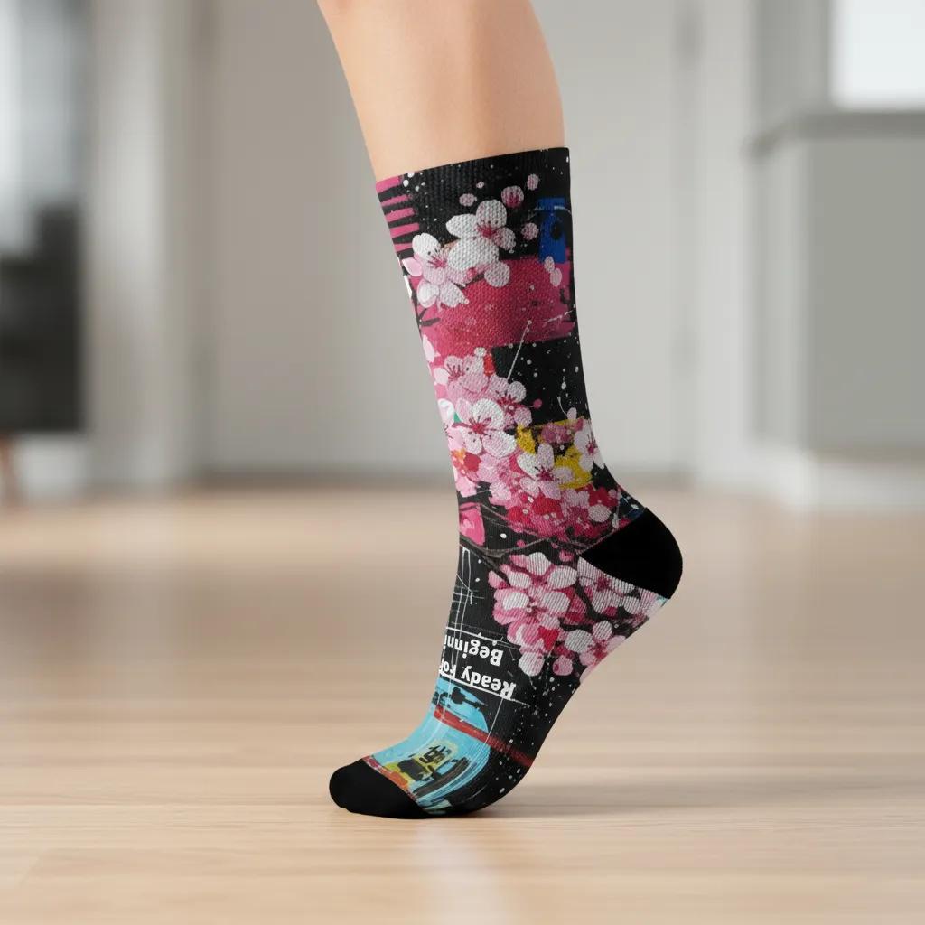 Colorful floral sock on a blurred indoor background - Empowerment socks gift for women new beginnings by Zeblismapo