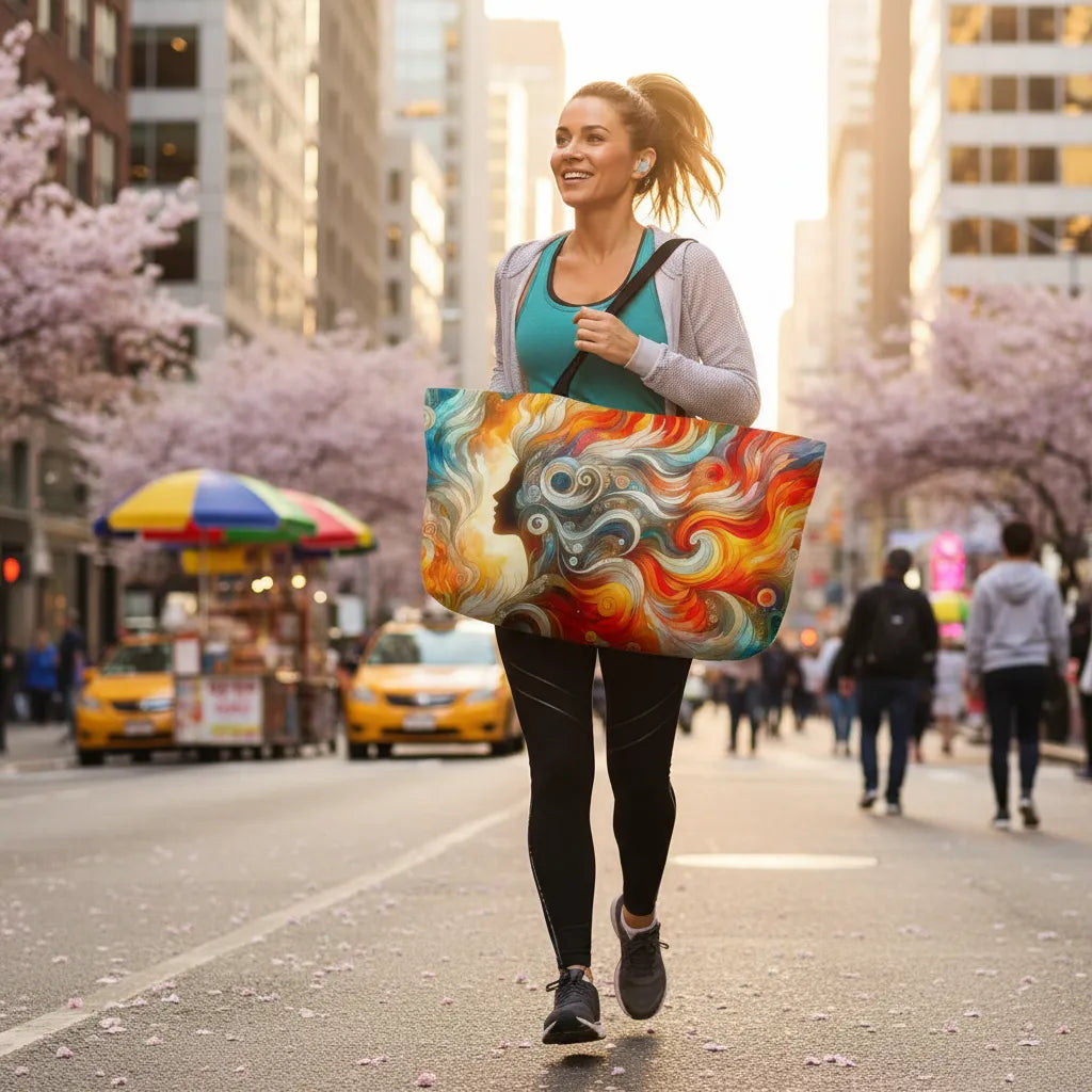 Woman walking on a city street with a colorful tote bag