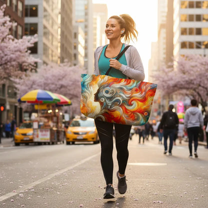 Woman walking on a city street with a colorful tote bag