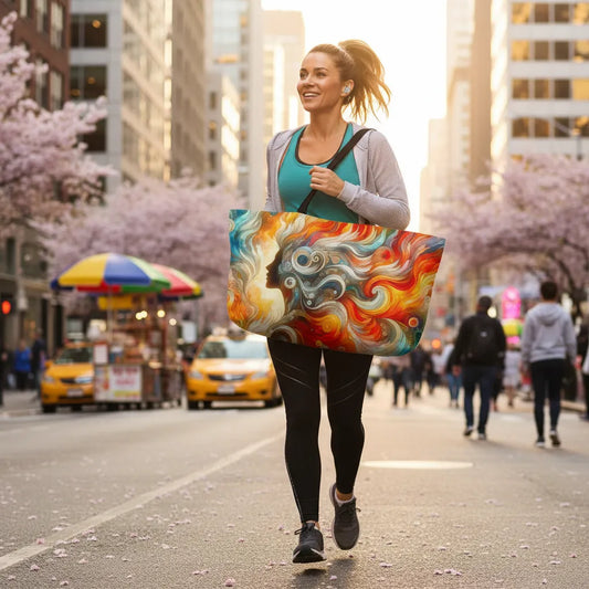 Woman walking on a city street with a colorful tote bag